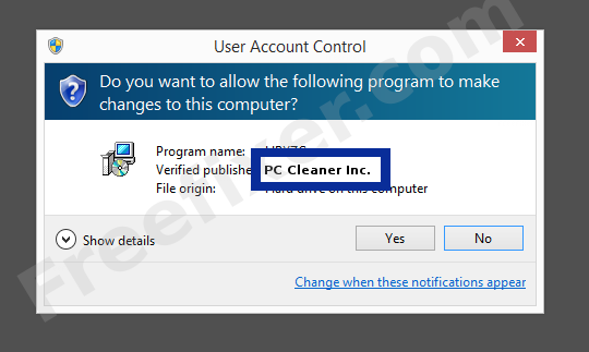 Screenshot where PC Cleaner Inc. appears as the verified publisher in the UAC dialog